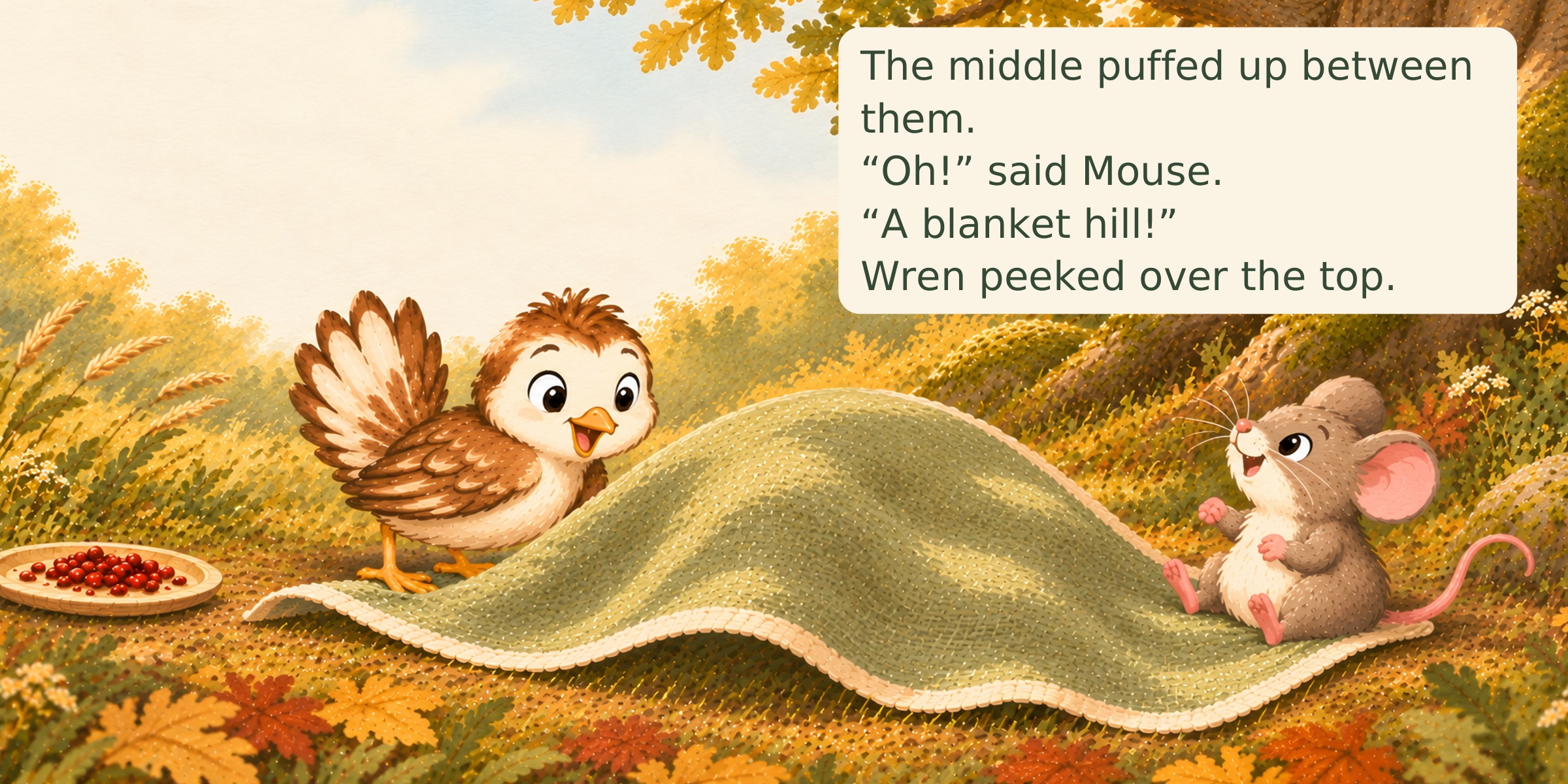 The wind puffs the green picnic blanket into a hill between Wren and Mouse, and Wren peeks over the top.