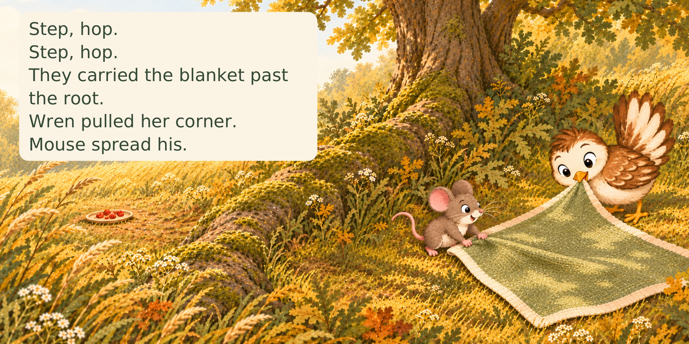 Wren and Mouse carry their green picnic blanket together past the tree root.