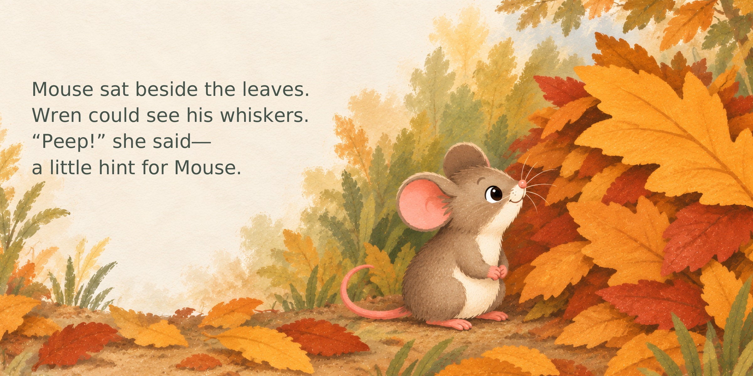 Mouse sits beside the leaves. Wren gives a tiny peep as a hint to help Mouse find her.