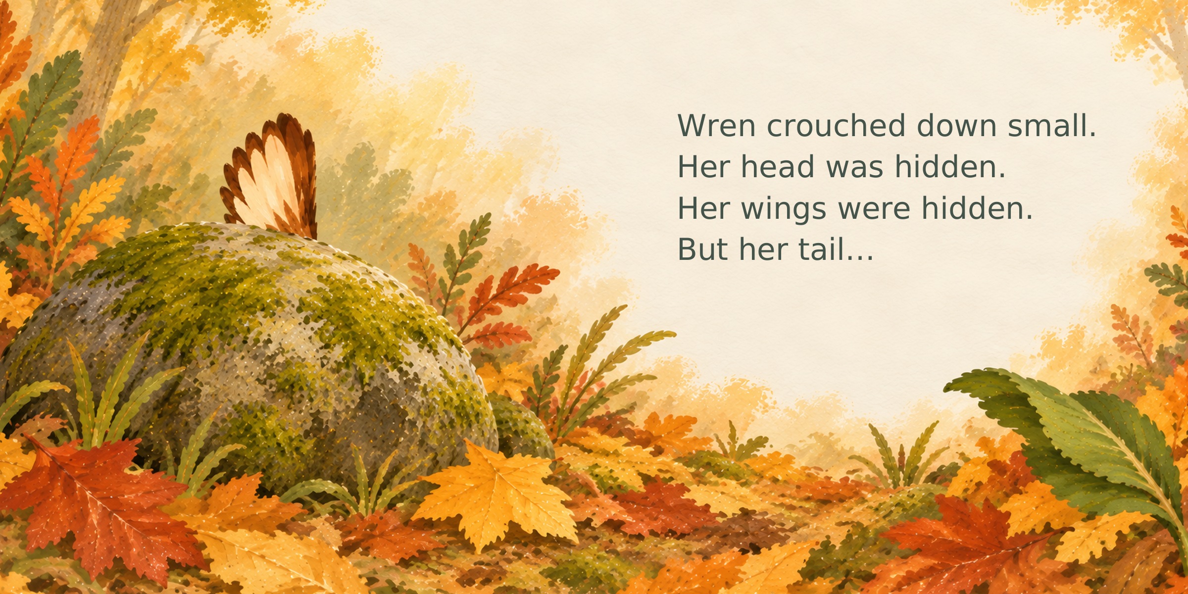 Wren crouches behind a mossy stone, but her tail sticks up. The text says her head and wings are hidden, but her tail is not.
